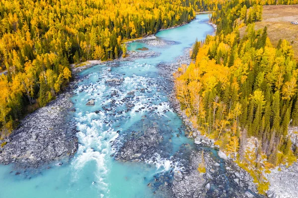 Vista Aérea Del Pintoresco Paisaje Kanas Otoño Xinjiang China — Foto de Stock