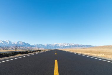 Vahşi doğada asfalt otoyol, uzak manzaraya giden boş yol