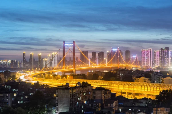 Yingwuzhou Yangtze Rio Ponte Noite Wuhan Cidade China — Fotografia de Stock