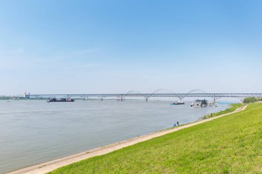 Yantze nehir manzarası güneşli bahar, Jiujiang birleşik köprüsü ve çimenli lezbiyenler, Jiangxi vilayeti, Çin