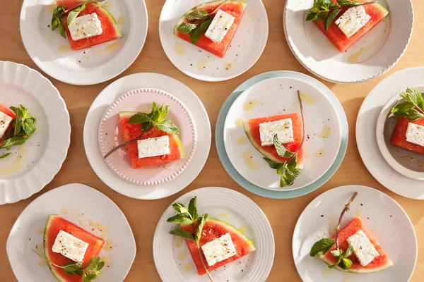 Sliced Watermelon with Feta and Mint — Stock Photo, Image