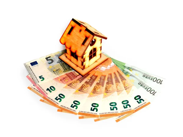 Maison Bois Billets Papier Euro Comme Symbole Des Prêts Hypothécaires — Photo
