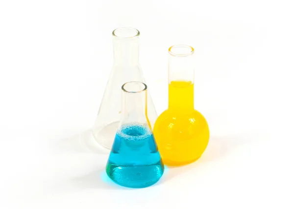 Glass Flasks Multicolored Chemicals Stand White Laboratory Table — 图库照片