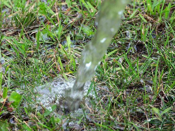 Arroyo Agua Clara Cae Sobre Hierba Verde Del Césped — Foto de Stock