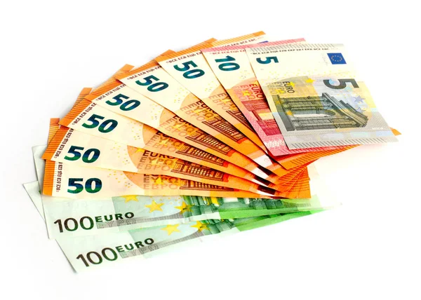 Papírové Bankovky Evropská Eura Leží Bílém Povrchu — Stock fotografie