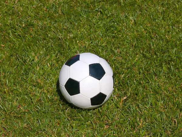 足球放在草地上的绿草上进行比赛 — 图库照片