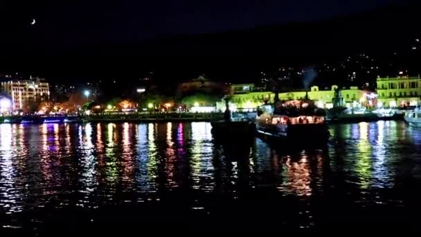 Nachtzicht Van Zee Vlak Gebouwen Commerciële Zeehaven Van Jalta Republiek — Stockvideo