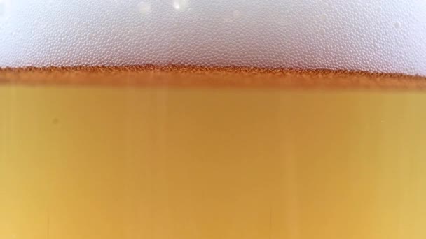 Luchtbellen Het Schuim Het Oppervlak Een Glas Pils — Stockvideo