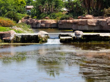 Antalya Türkiye 'nin Lara yerleşim alanındaki pitoresk botanik parkında küçük bir şelale.