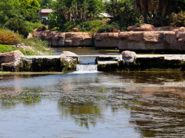Antalya Türkiye 'nin Lara yerleşim alanındaki pitoresk botanik parkında küçük bir şelale.