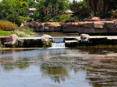 Antalya Türkiye 'nin Lara yerleşim alanındaki pitoresk botanik parkında küçük bir şelale.