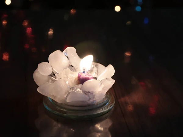 Bright Light Fire Wax Candle Pieces Ice — Stock Photo, Image