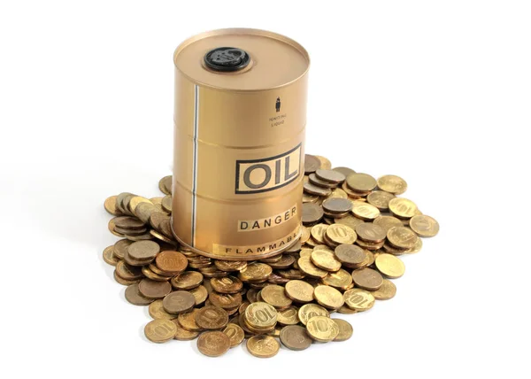 Decorative Oil Barrel Stands Pile Russian Metal Coins — Stock Photo, Image