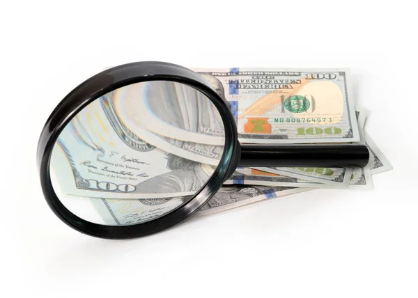 Large Magnifying Glass Bunch Paper American Dollars — Stockfoto
