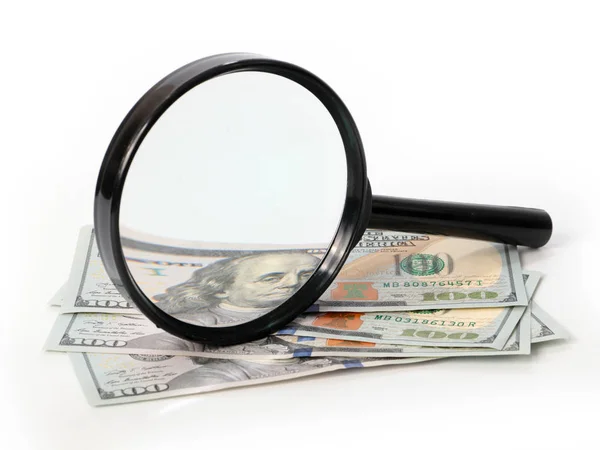 Large Magnifying Glass Bunch Paper American Dollars — Stockfoto