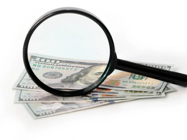 Large Magnifying Glass Bunch Paper American Dollars — Stockfoto