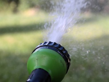 a stream of clean water flows through a plastic sprayer when watering the lawn