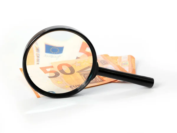 Checking Paper Notes European Union Euro Magnifying Glass — 图库照片