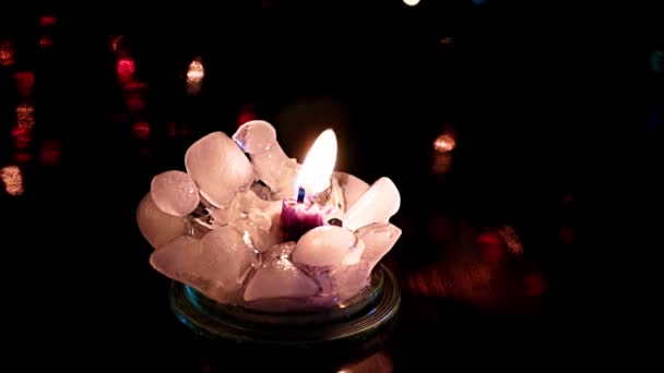 Bright Light Wax Candle Flame Surrounded Pure Ice — Stock Video