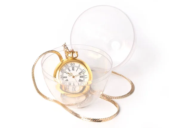 Férias Páscoa Ovo Transparente Com Presente Relógio Bolso Ouro — Fotografia de Stock