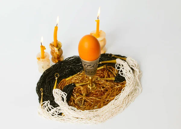 Easter Egg Antique Holder Flame Church Candles Honor Holiday — Stock Photo, Image