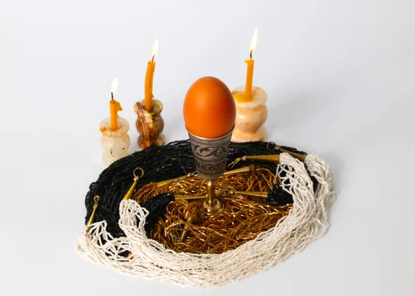 Easter Egg Antique Holder Flame Church Candles Honor Holiday — Stock Photo, Image