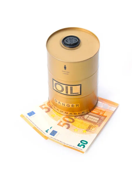 Бочка Сирої Нафти Лежить Купі Паперу Євровалюту — стокове фото