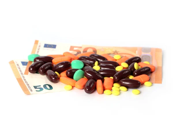 Veel Pillen Medicijnen Staan Papier Eurobiljetten — Stockfoto