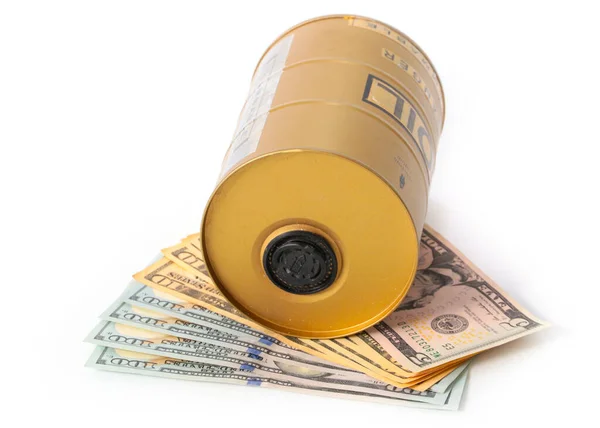 Barrel Oil Sits Pile American Banknotes Dollars — Stock Photo, Image