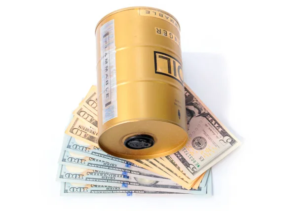 Barrel Oil Sits Pile American Banknotes Dollars — Stock Photo, Image