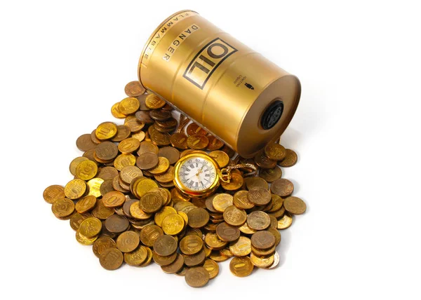 Beczka Oleju Stary Zegar Złotym Etui Leżą Stosie Metalowych Monet — Zdjęcie stockowe