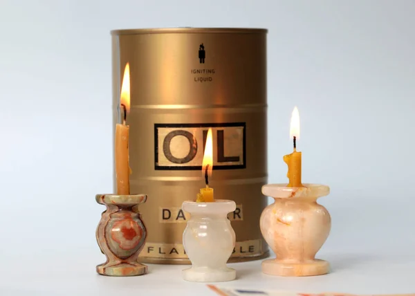 Barrel Oil Surrounded Religious Wax Candles — Stock Photo, Image