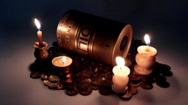 Bir varil yağ ve bir yığın Rus rublesi mum ışığıyla aydınlatılır.