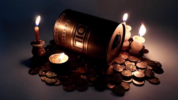Barrel Oil Pile Russian Rubles Illuminated Light Wax Candles — Stock Video