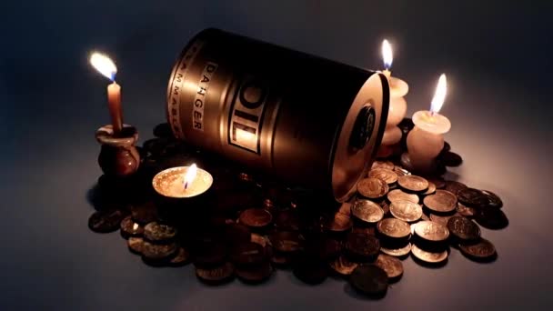 Barrel Oil Pile Russian Rubles Illuminated Light Wax Candles — Stock Video