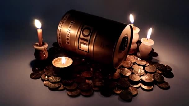 Barrel Oil Pile Russian Rubles Illuminated Light Wax Candles — Stock Video