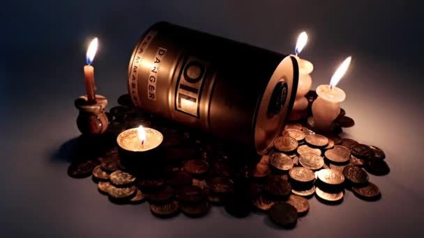 Barrel Oil Pile Russian Rubles Illuminated Light Wax Candles — Stock Video