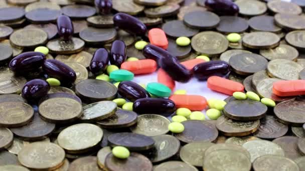 Medical Pills Fall Pile Metal Russian Rubles — Stock Video