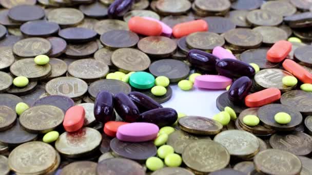 Medical Pills Fall Pile Metal Russian Rubles — Stock Video