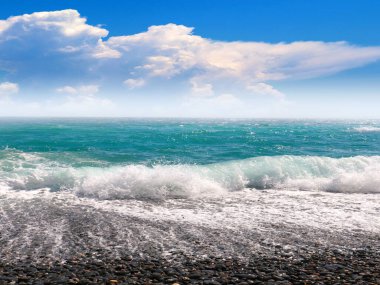 Deniz kıyısı, güçlü dalgalar ve bulutlu gökyüzü