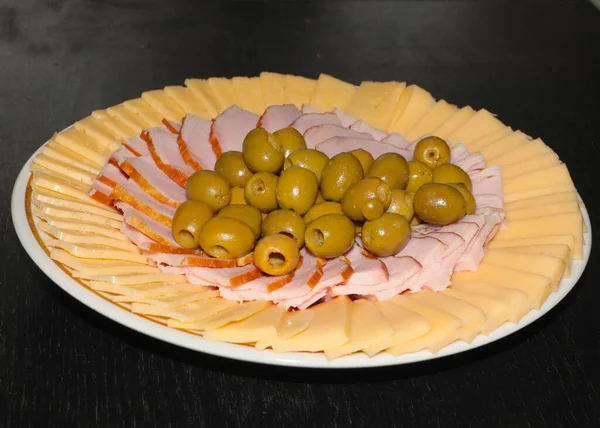 Slices Cheese Sausage Breakfast Plate — Stock Photo, Image