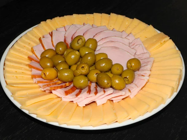 Slices Cheese Sausage Breakfast Plate — Stock Photo, Image