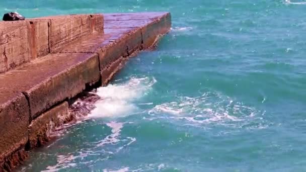 Zchátralý Beton Vlnolamy Mořské Vlny Pobřeží — Stock video