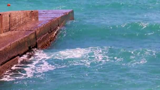 Dilapidated Concrete Breakwater Sea Waves Coast — Stock Video