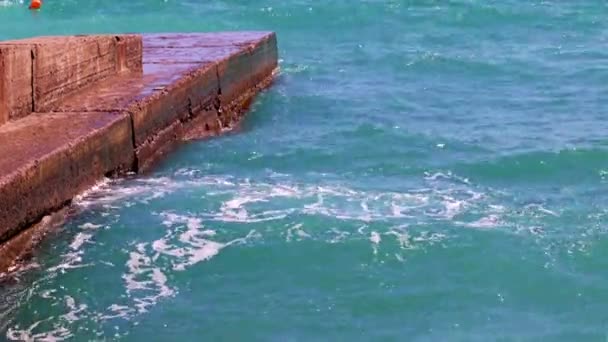 Dilapidated Concrete Breakwater Sea Waves Coast — Stock Video