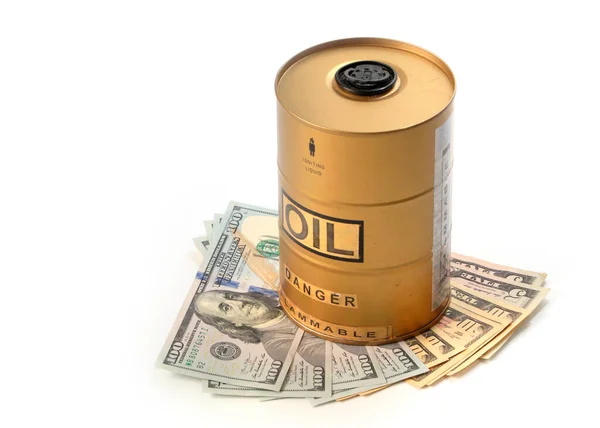 Barrel Oil Lying Pile American Bills Dollars — Stock Photo, Image