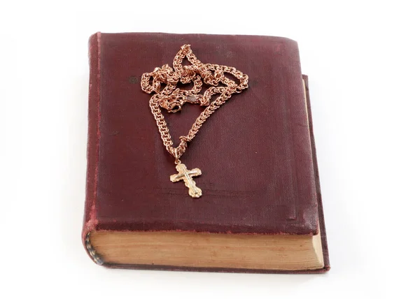 Een Oud Antiek Religieus Boek Een Gouden Kruis Met Een — Stockfoto