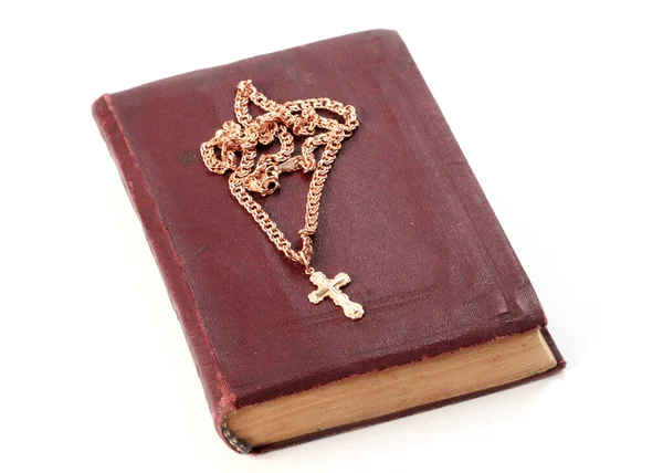 Ένα Παλιό Θρησκευτικό Βιβλίο Αντίκες Και Ένα Χρυσό Σταυρό Ένα — Φωτογραφία Αρχείου