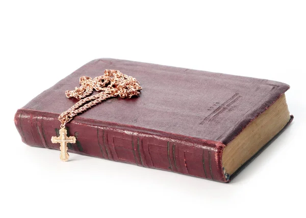 Antigo Livro Religioso Uma Cruz Ouro Com Crucifixo Numa Corrente — Fotografia de Stock