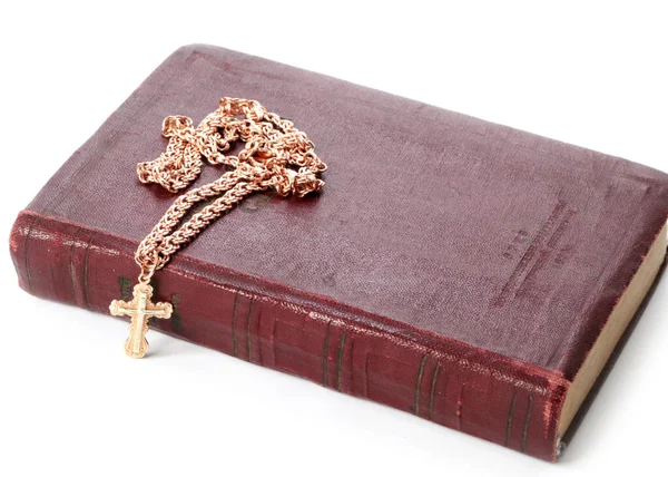 Egy Régi Vallási Könyv Egy Arany Kereszt Egy Kereszt Egy — Stock Fotó